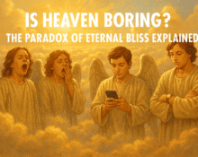 Surreal heaven scene with bored angels and glowing clouds