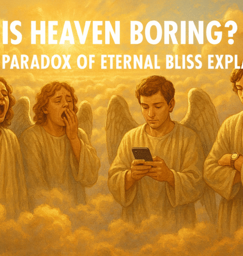Surreal heaven scene with bored angels and glowing clouds