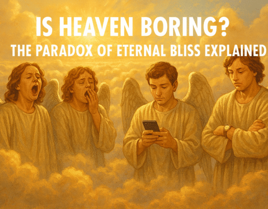 Surreal heaven scene with bored angels and glowing clouds