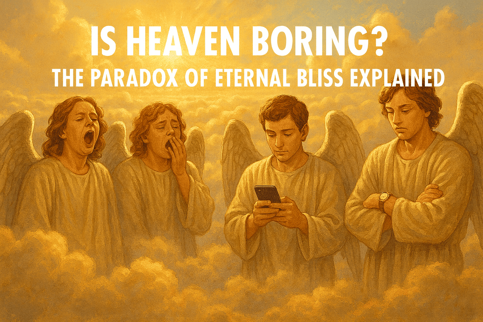 Surreal heaven scene with bored angels and glowing clouds
